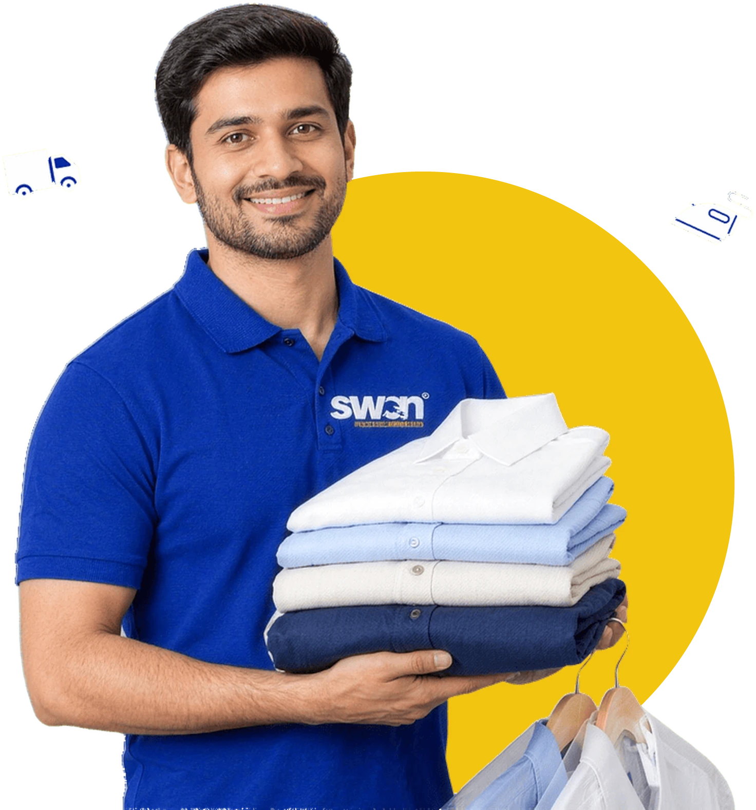 Swan Clean garment care expert holding freshly cleaned shirts